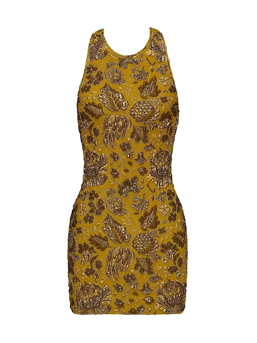 Women's Cross-Back Mini Dress in Stretch Brocade - Mordore Or Women's Cross-Back Mini Dress in Stretch Brocade - Mordore Or