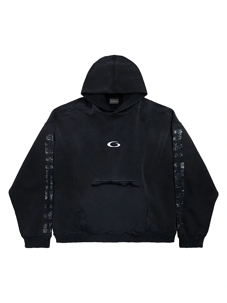 Balenciaga Men's Transparent Tape Ripped Pocket Hoodie - Faded Black White - Size XXL | Image 1 Balenciaga Men's Transparent Tape Ripped Pocket Hoodie - Faded Black White - Size XXL | Image 1