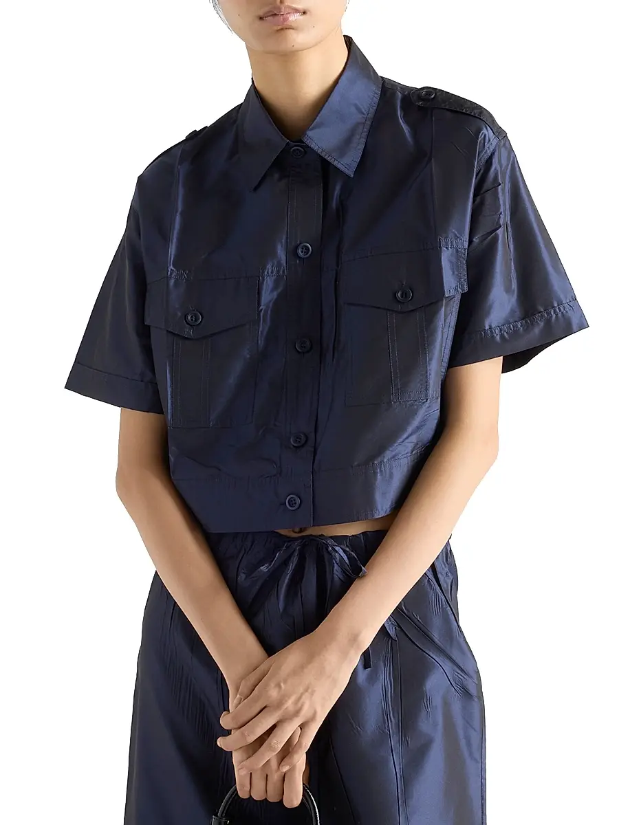 Prada Women's Cropped Taffeta Shirt - Blue | Thumbnail 2