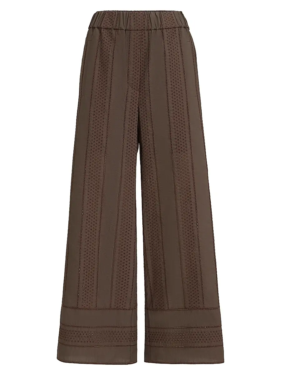 Brunello Cucinelli Women's Techno Cotton Poplin Broderie Anglaise Track Trousers - Chocolate - Size 12 | Image 1 Brunello Cucinelli Women's Techno Cotton Poplin Broderie Anglaise Track Trousers - Chocolate - Size 12 | Image 1