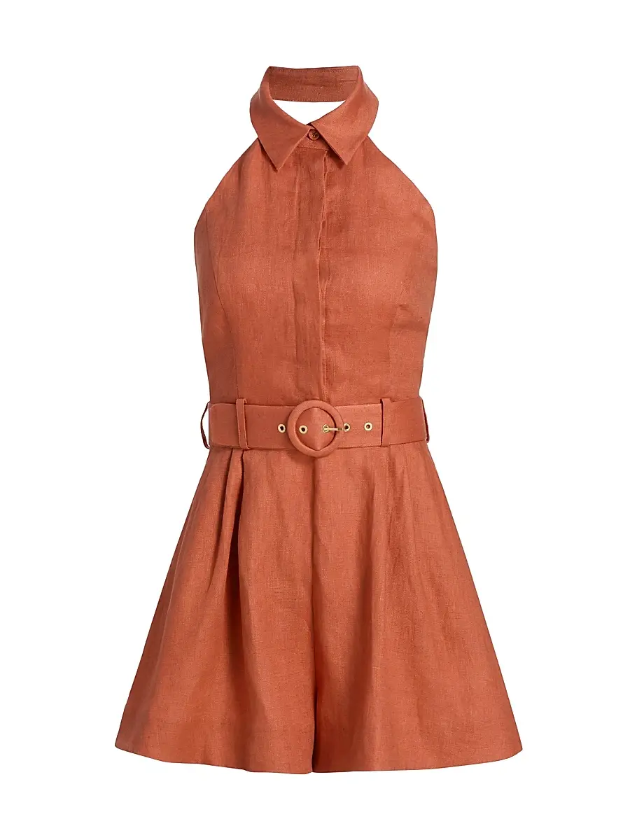 Zimmermann Women's Awaken Halterneck Linen Romper - Cinnamon | Image 1 Zimmermann Women's Awaken Halterneck Linen Romper - Cinnamon | Image 1