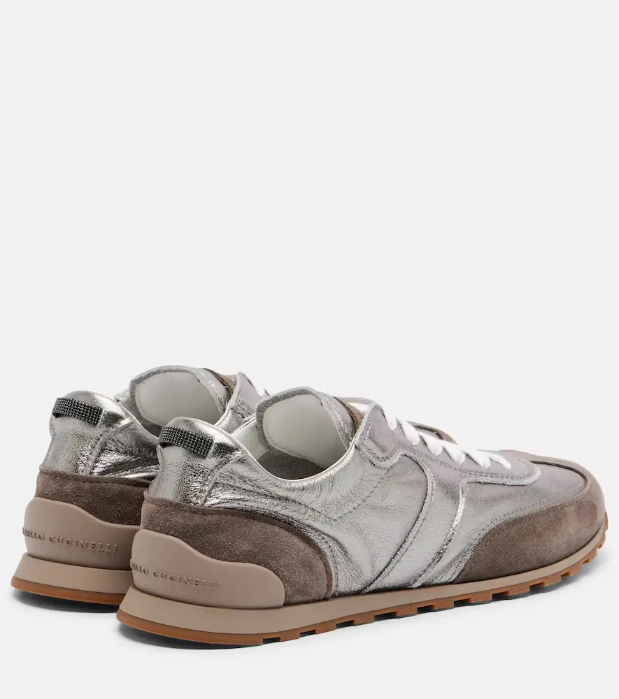 Brunello Cucinelli Monili suede-trimmed metallic leather sneakers | Thumbnail 2