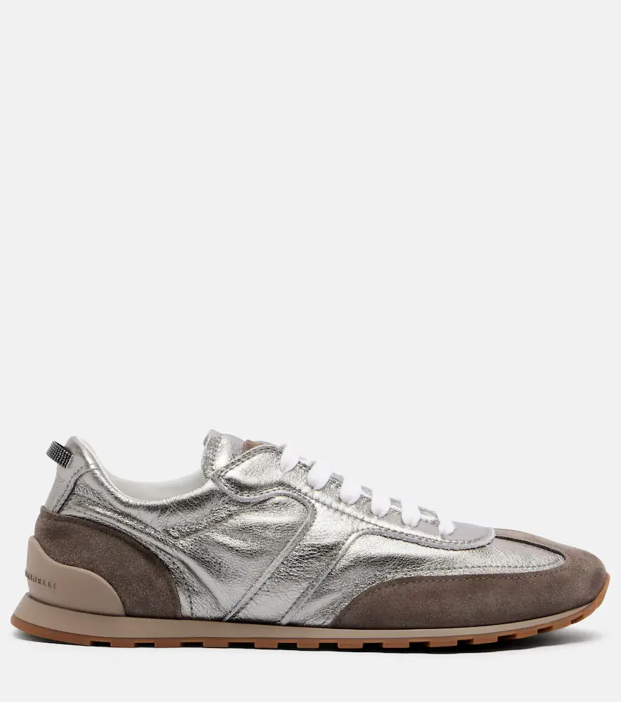 Brunello Cucinelli Monili suede-trimmed metallic leather sneakers | Thumbnail 4