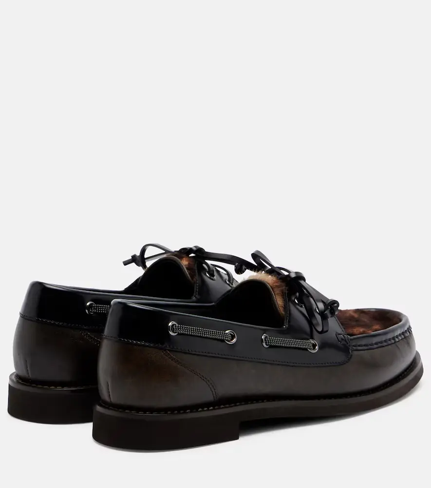 Brunello Cucinelli Monili calf hair-trimmed leather boat shoes | Thumbnail 3