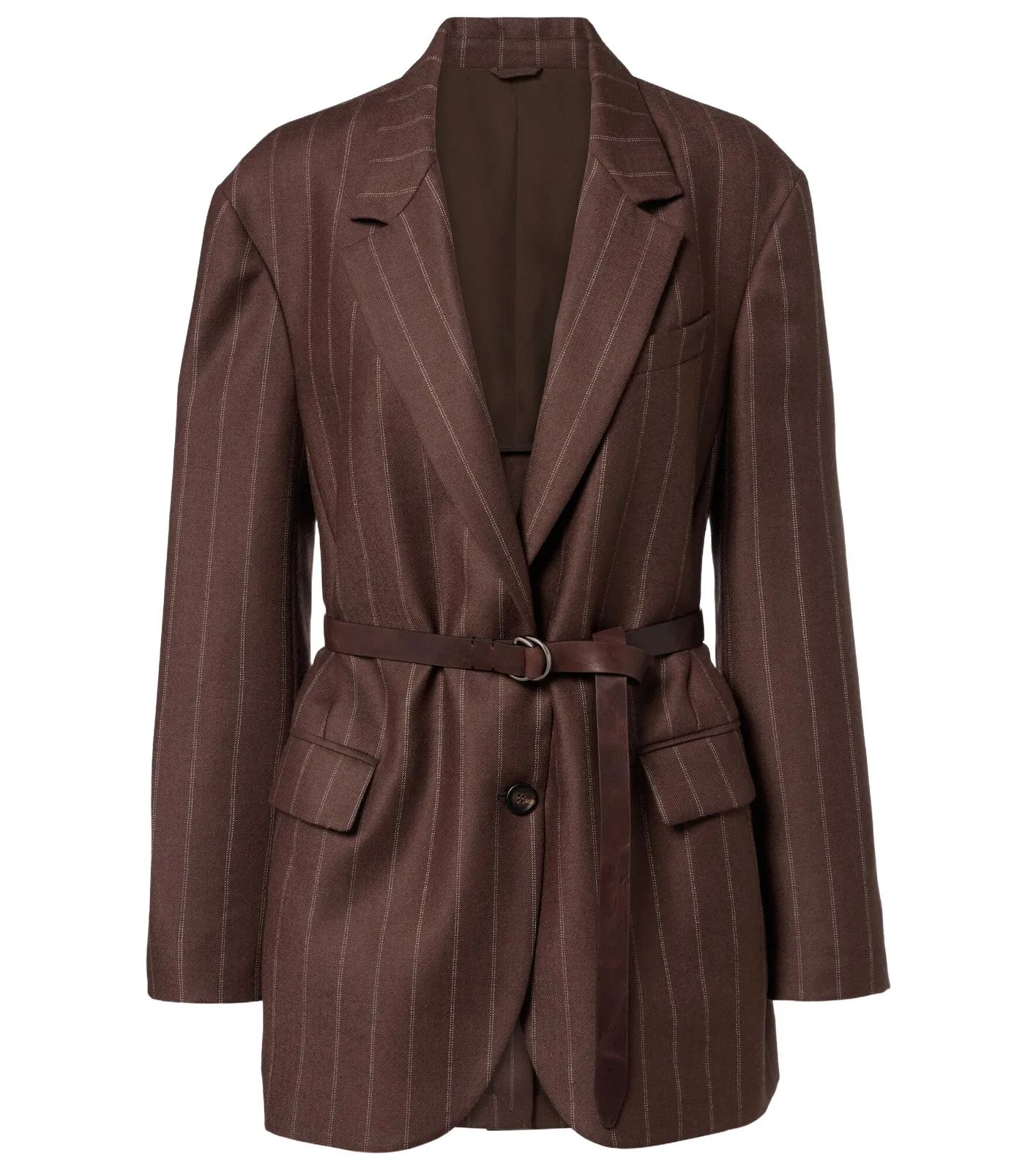 Belted pinstriped virgin wool blazer