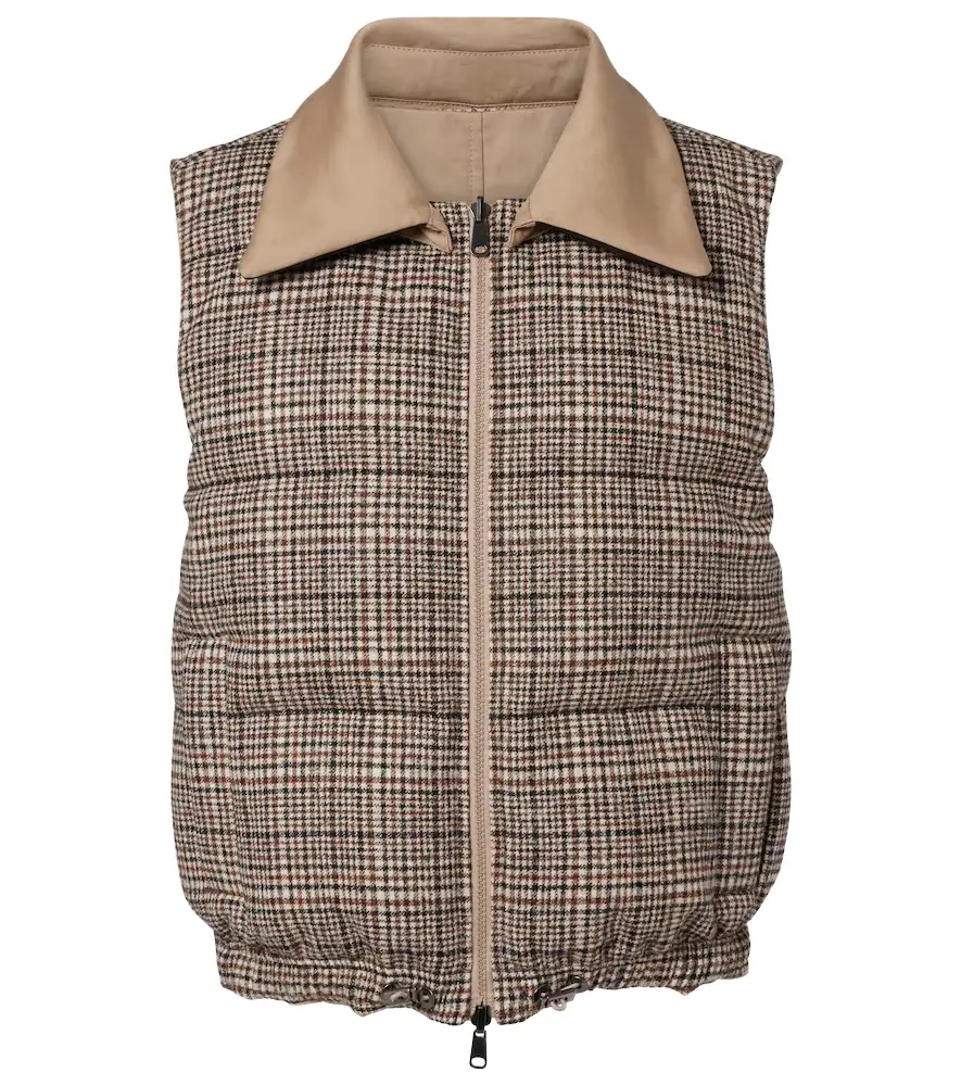 Brunello Cucinelli Checked leather-trimmed down vest