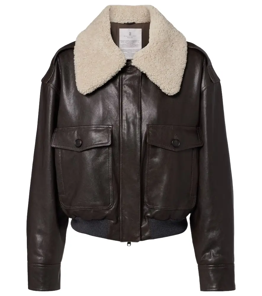 Brunello Cucinelli Shearling-trimmed leather bomber jacket | Image 1 Brunello Cucinelli Shearling-trimmed leather bomber jacket | Image 1