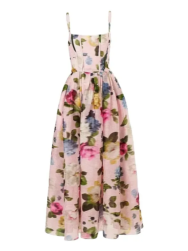 Women's Cabana Floral Corset Linen-Silk Thin-Strap Midi-Dress