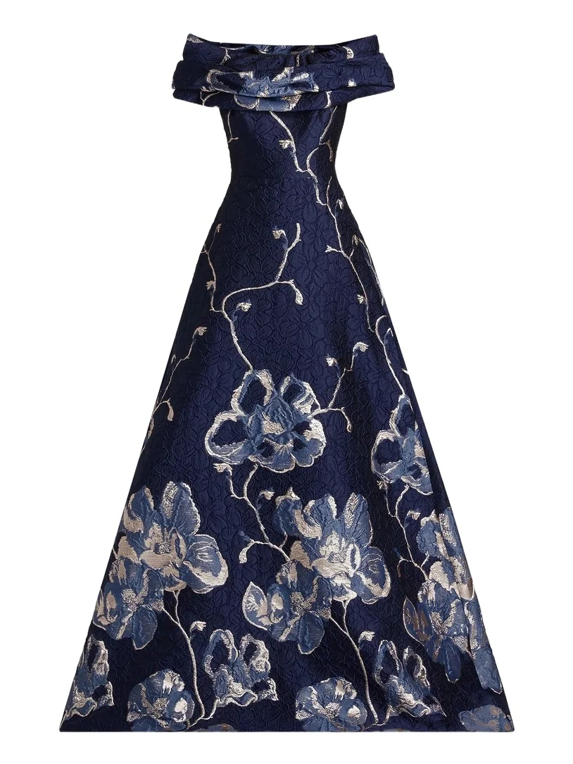 Teri Jon by Rickie Freeman Women's Floral Jacquard Off-The-Shoulder A-Line Gown