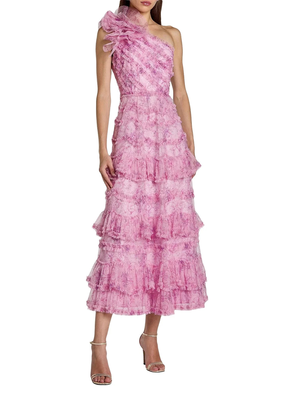 Women's Baroque Mesh Ruffled One-Shoulder Midi-Dress Women's Baroque Mesh Ruffled One-Shoulder Midi-Dress