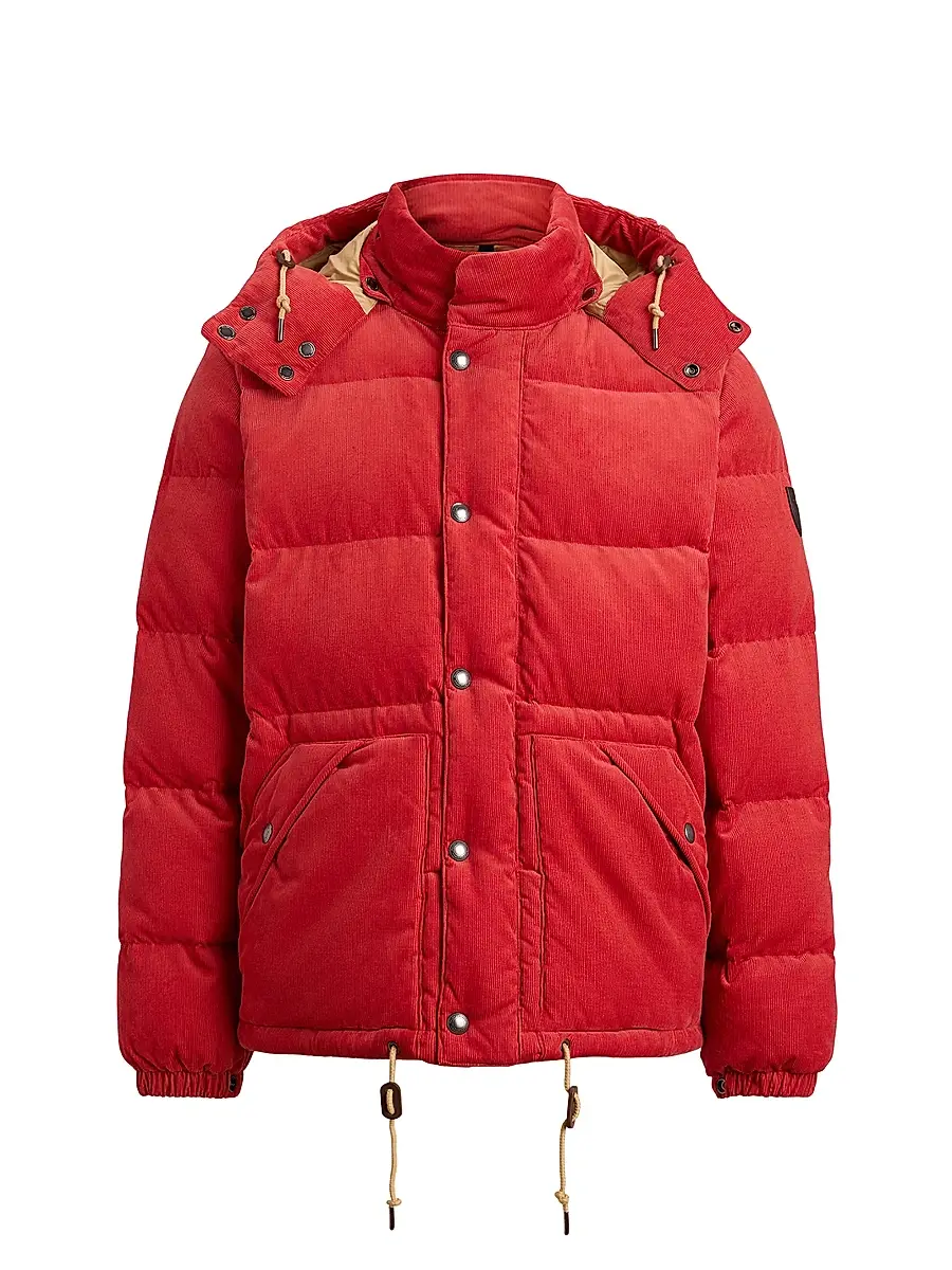 Polo Ralph Lauren Men's The Wainwright Corduroy Hooded Down Jacket - Spring Red | Image 1 Polo Ralph Lauren Men's The Wainwright Corduroy Hooded Down Jacket - Spring Red | Image 1