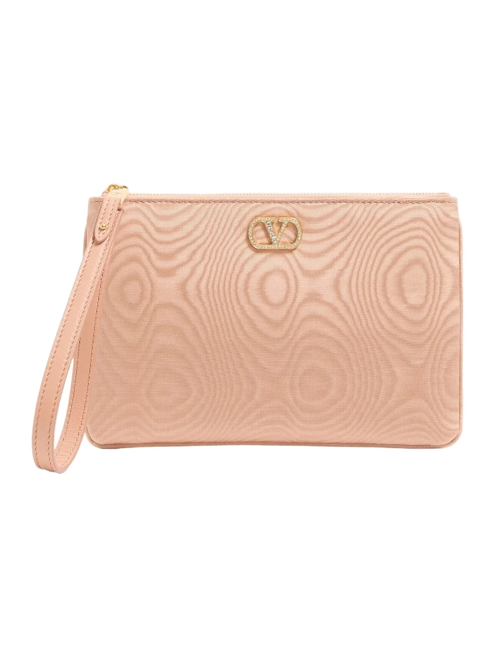 Women's VLogo Signature Clutch in Moiré Fabric with Jewel Logo - Pink Crystal