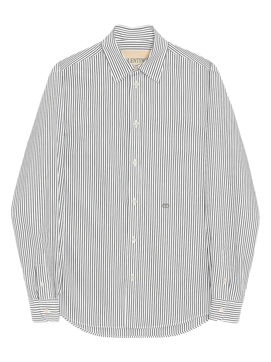 Valentino Men's Cotton Poplin Shirt with Striped VLogo Embroidery