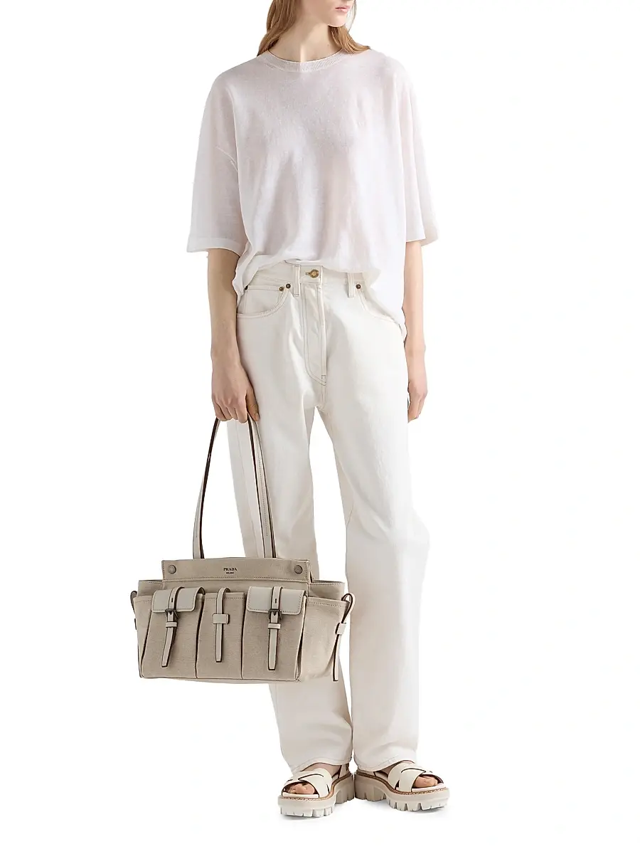 Prada Women's Route Canvas and Leather Tote Bag - Beige Khaki | Image 1 Prada Women's Route Canvas and Leather Tote Bag - Beige Khaki | Image 1