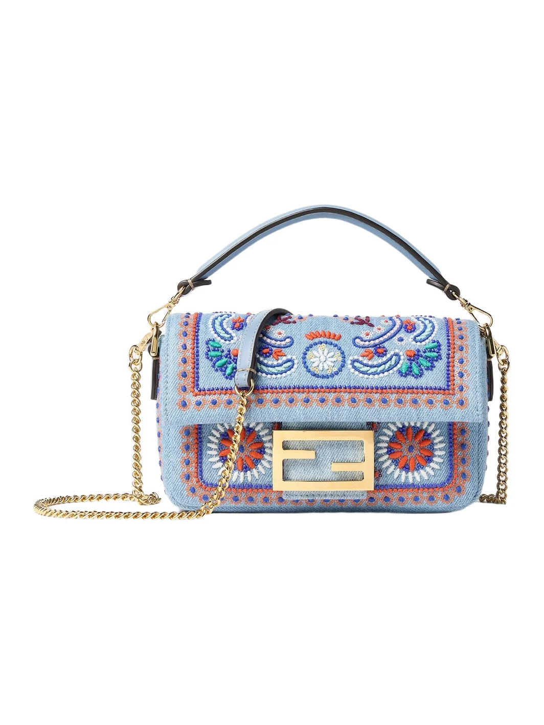 Baguette Mini Denim Bag with Multicolor Embroidery Baguette Mini Denim Bag with Multicolor Embroidery
