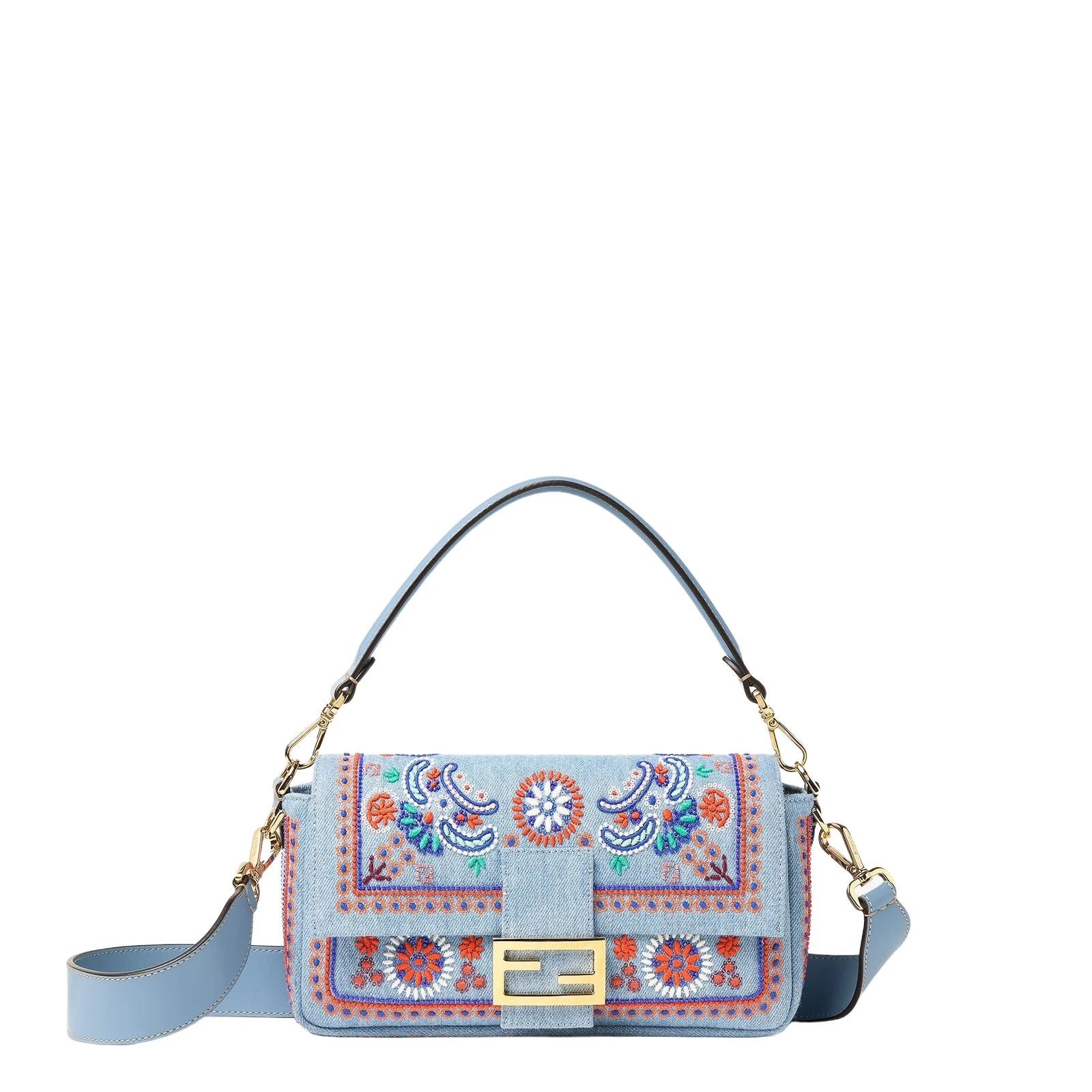 Baguette Denim Bag with Multicolor Embroidery Baguette Denim Bag with Multicolor Embroidery