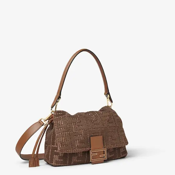 Fendi Baguette Soft Medium Sellier Brown Raffia-Effect Material Woven Bag with FF Embroidery | Thumbnail 3 Fendi Baguette Soft Medium Sellier Brown Raffia-Effect Material Woven Bag with FF Embroidery | Thumbnail 3
