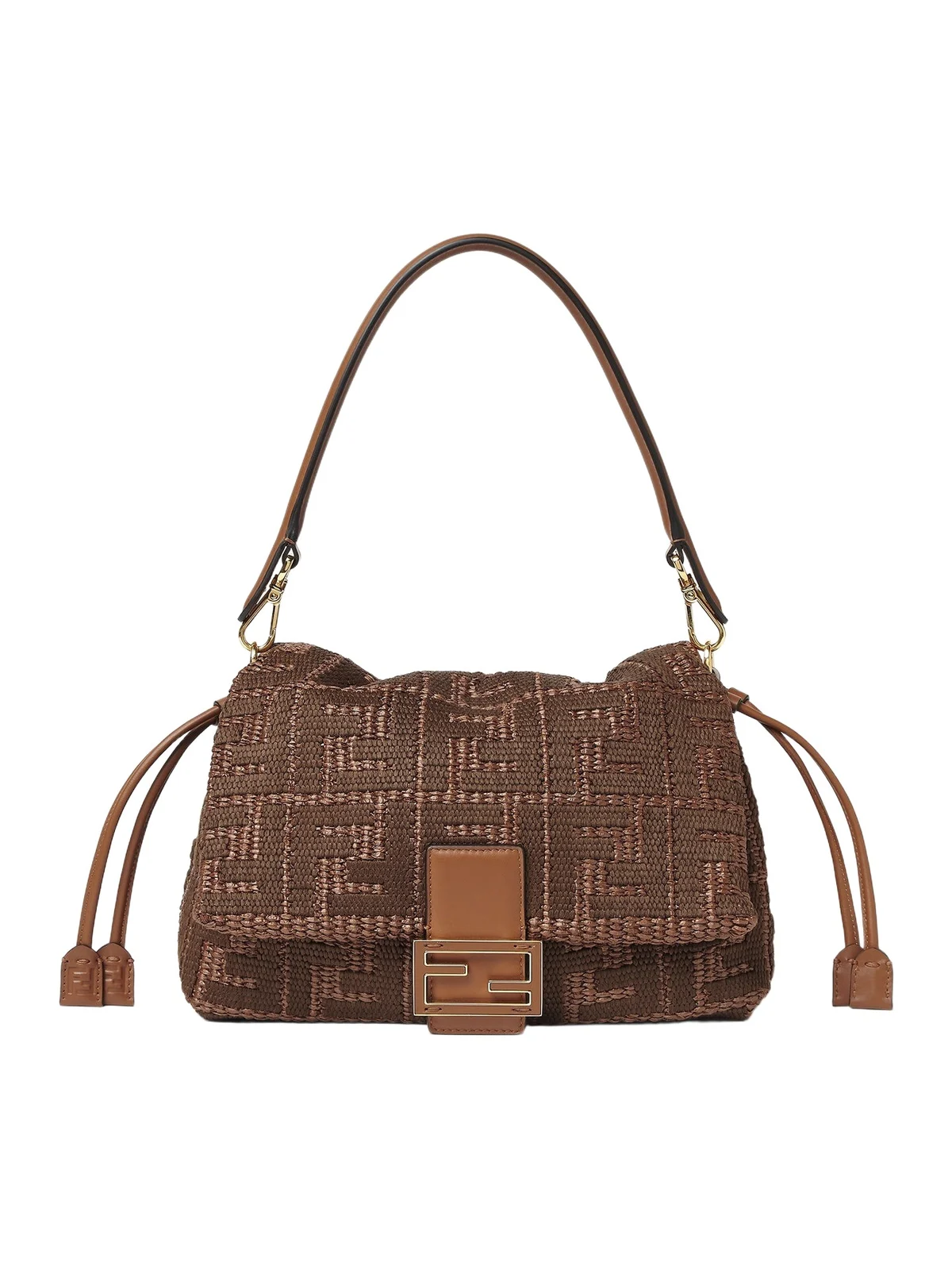 Fendi Baguette Soft Medium Sellier Brown Raffia-Effect Material Woven Bag with FF Embroidery
