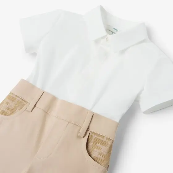 Fendi Baby Onesie In White Poplin and Beige Gabardine with Logo | Thumbnail 3 Fendi Baby Onesie In White Poplin and Beige Gabardine with Logo | Thumbnail 3