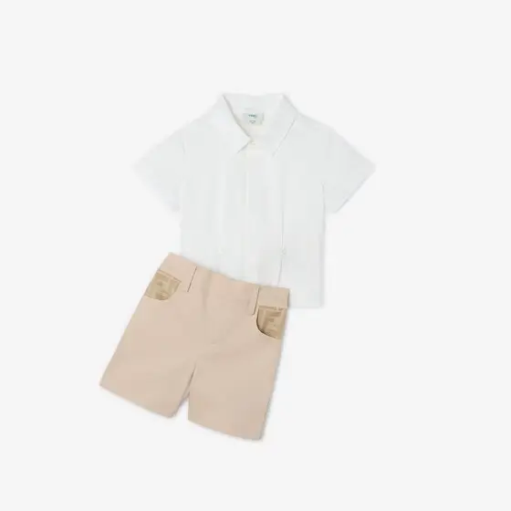 Fendi Baby Onesie In White Poplin and Beige Gabardine with Logo | Thumbnail 4 Fendi Baby Onesie In White Poplin and Beige Gabardine with Logo | Thumbnail 4