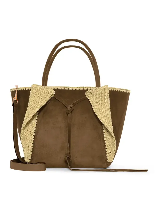 Marija Small Raffia-Trimmed Suede Tote Bag Marija Small Raffia-Trimmed Suede Tote Bag