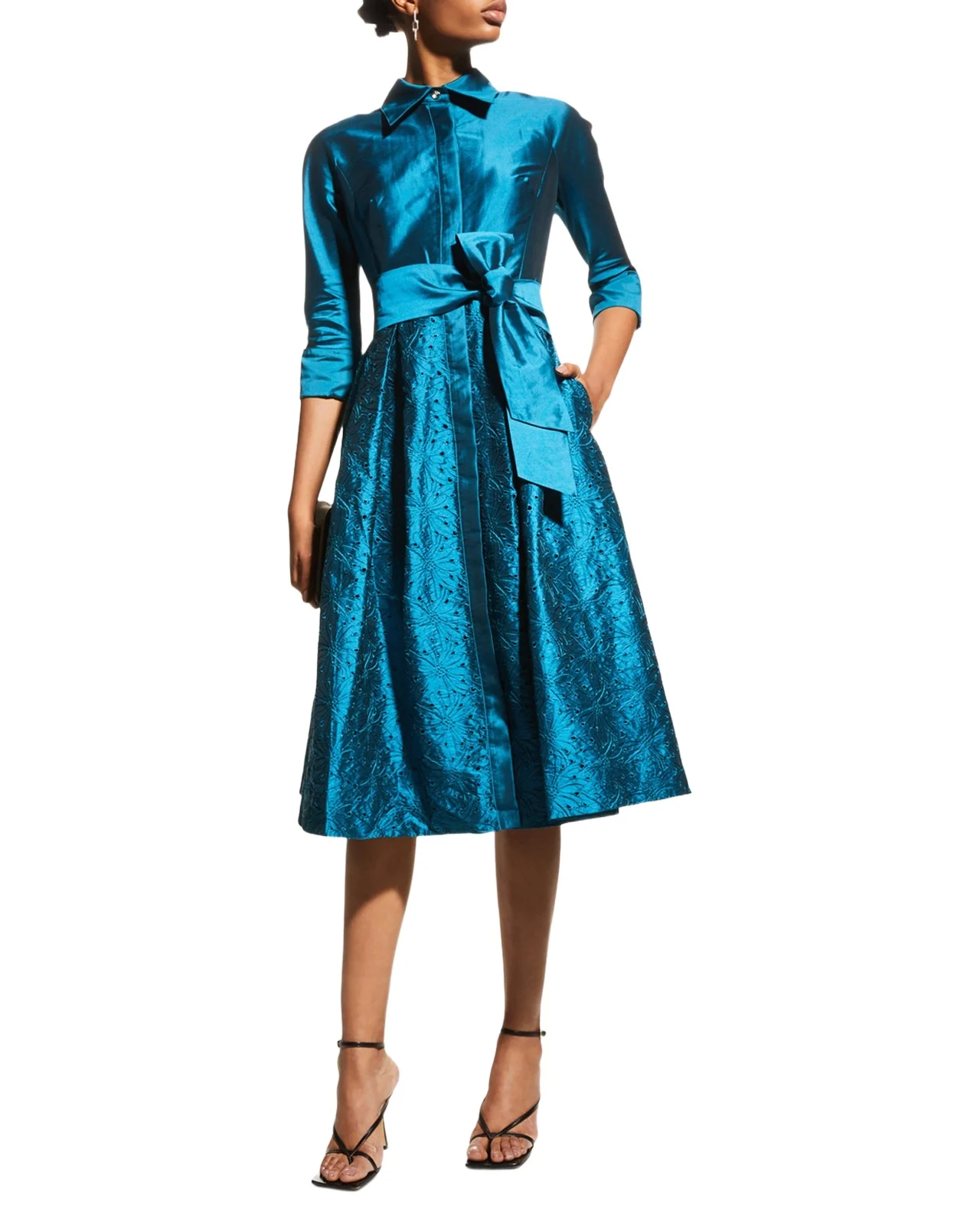 Rickie Freeman for Teri Jon Taffeta Shirt Dress w/ Eyelet Skirt