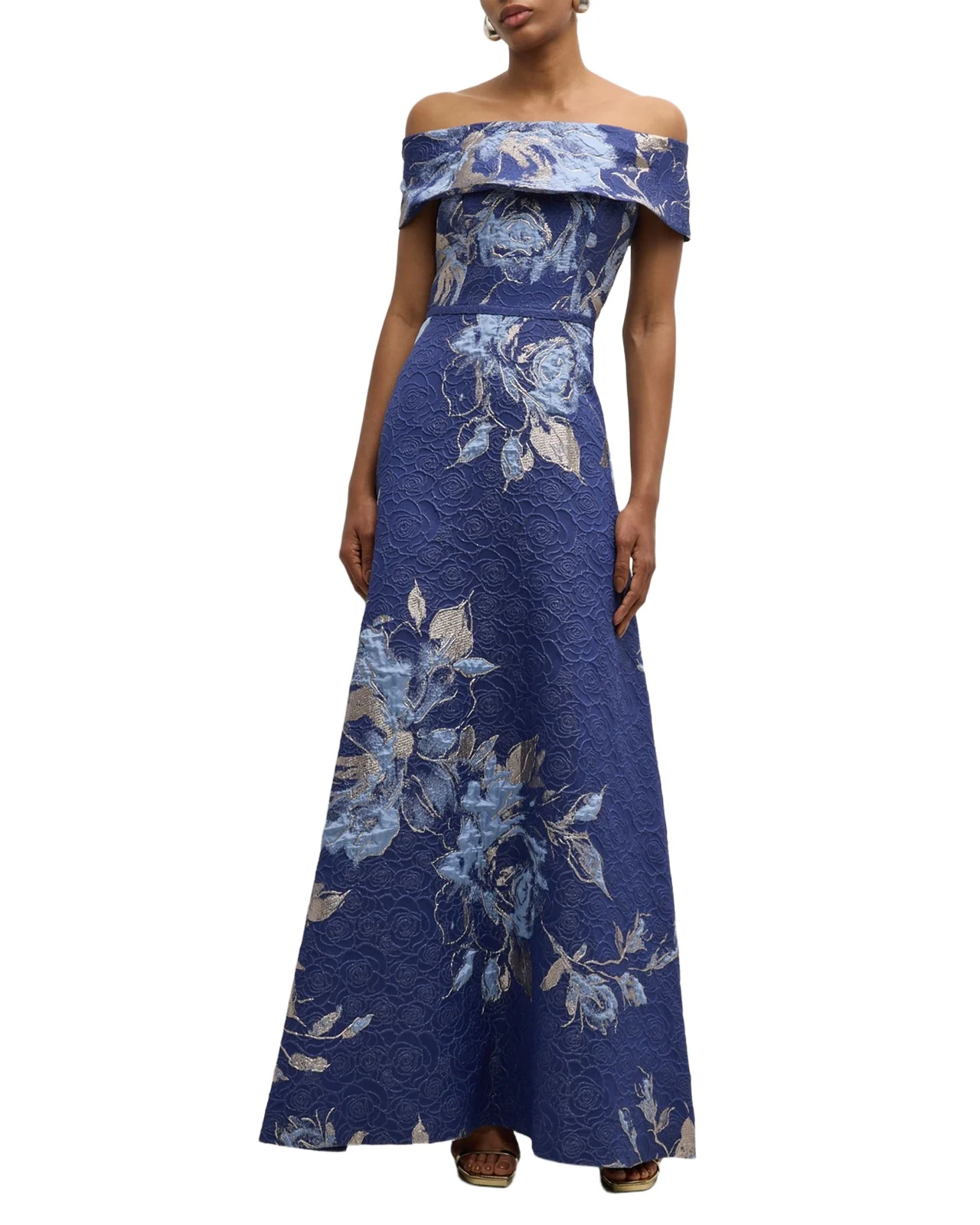 Off-Shoulder Metallic Flower Jacquard Gown Off-Shoulder Metallic Flower Jacquard Gown