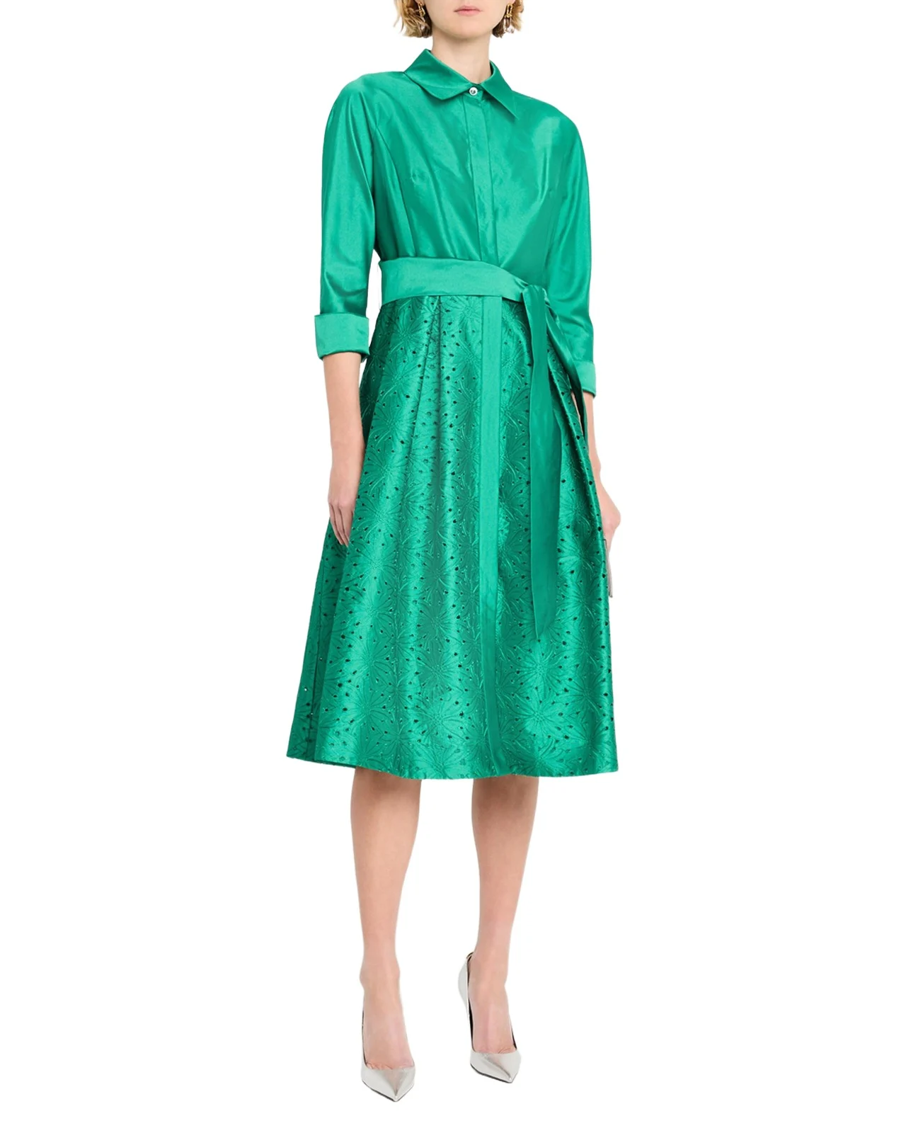 Eyelet Embroidered Taffeta Midi Shirtdress