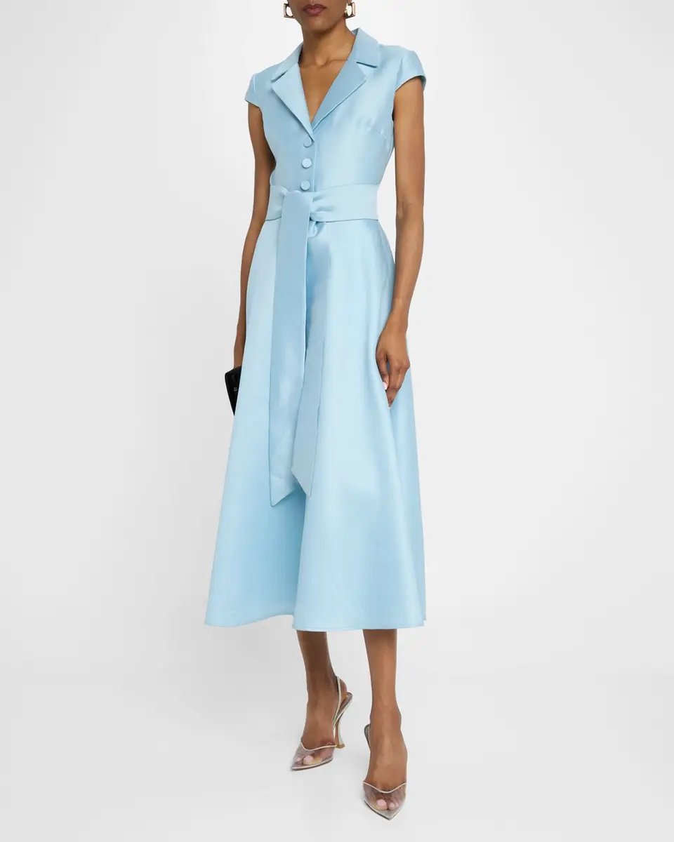 Badgley Mischka Belted Cap-Sleeve Pique Midi Shirtdress | Thumbnail 2