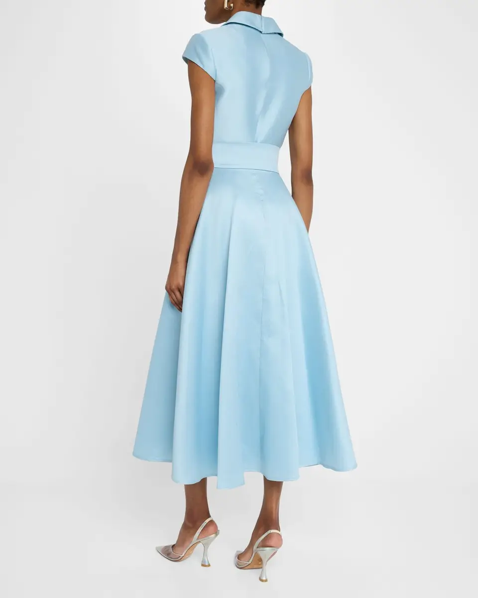 Badgley Mischka Belted Cap-Sleeve Pique Midi Shirtdress | Thumbnail 3