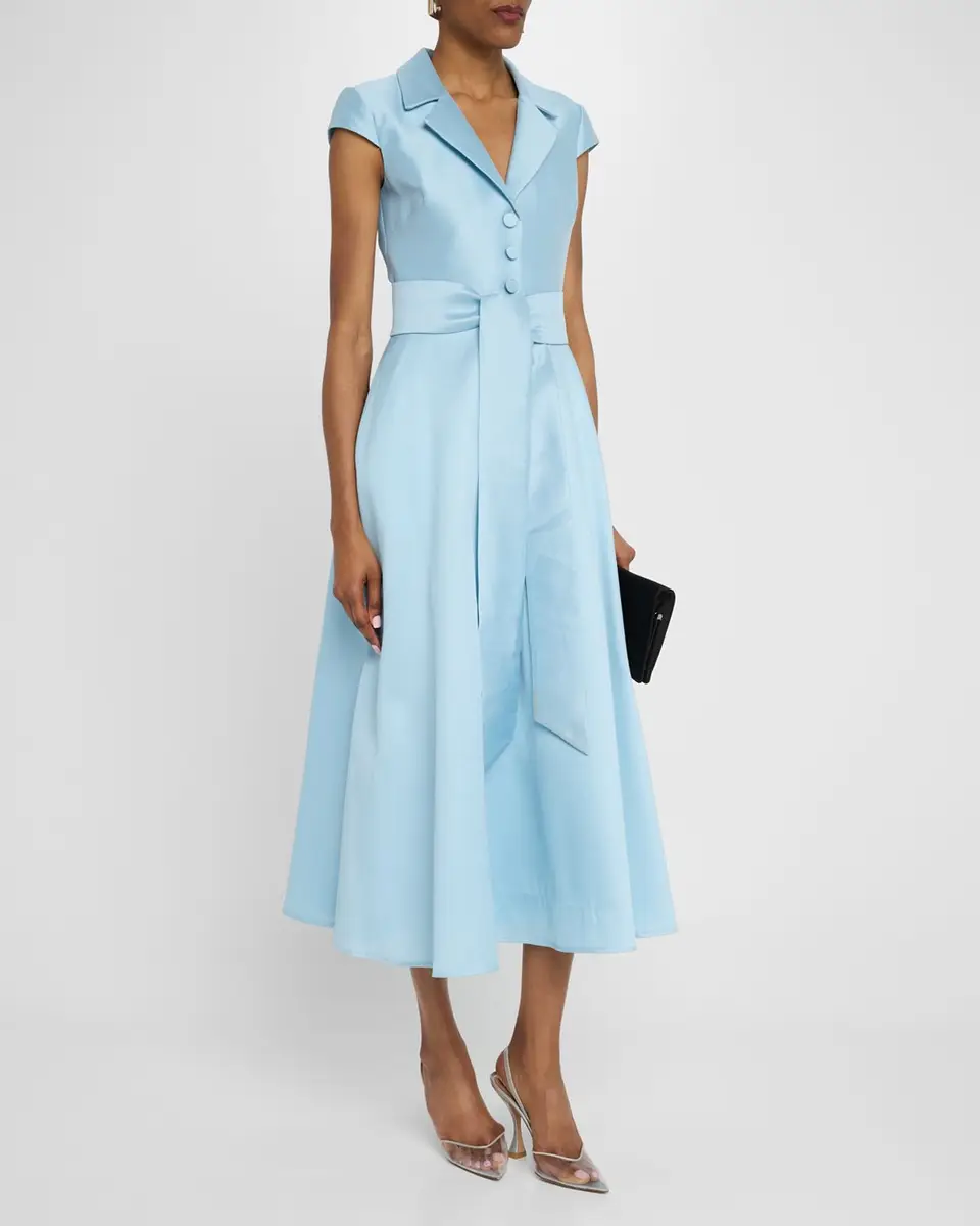 Badgley Mischka Belted Cap-Sleeve Pique Midi Shirtdress | Thumbnail 4