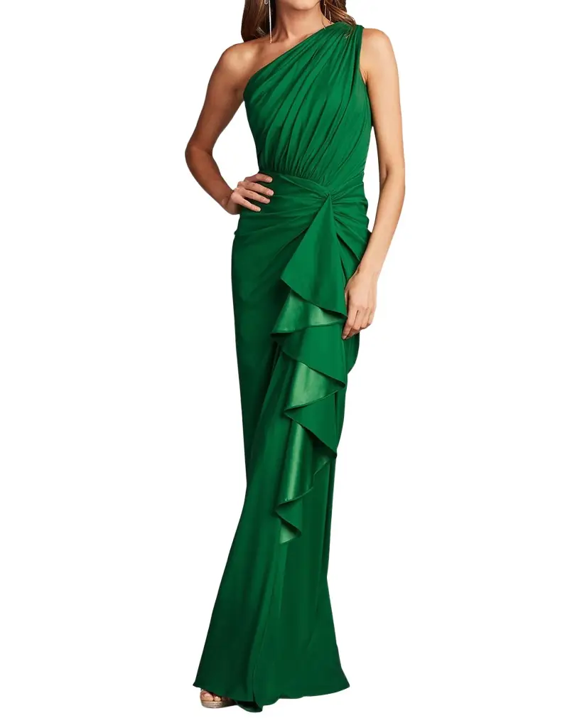 One-Shoulder Shirred Ruffle Gown