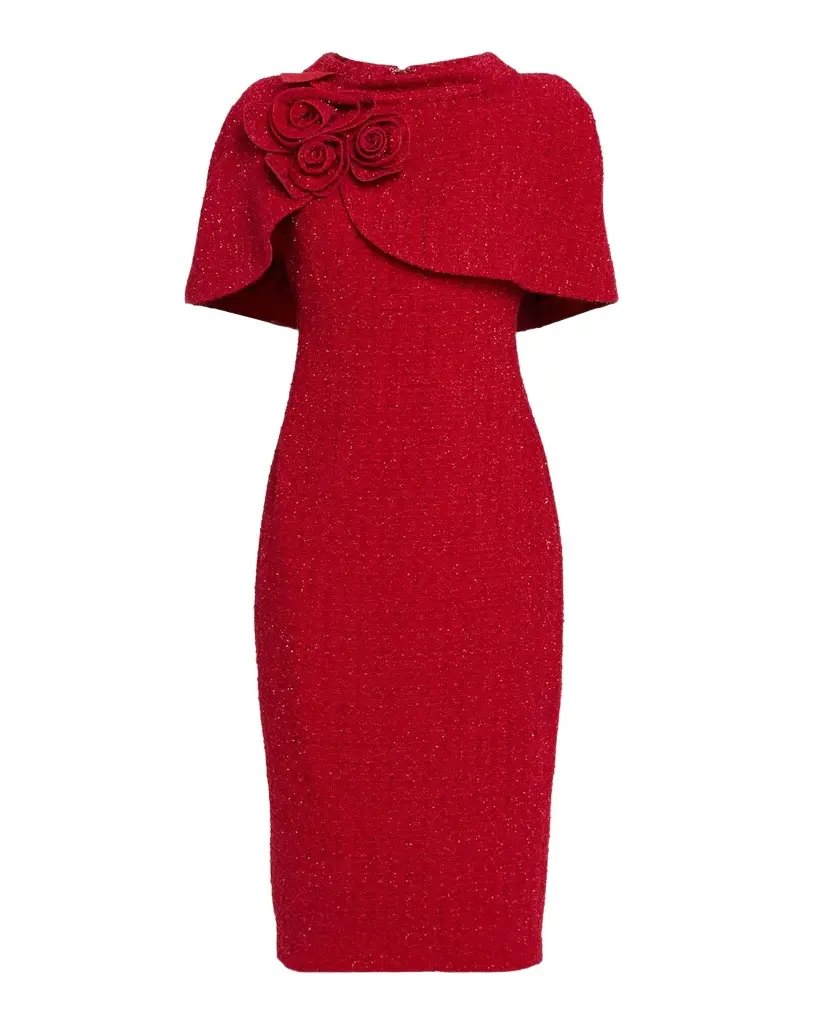 Badgley Mischka Shimmer Boucle Cape Midi Dress | Image 1 Badgley Mischka Shimmer Boucle Cape Midi Dress | Image 1