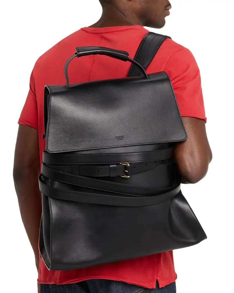 MOSCHINO Men's Tie Me Leather Backpack | Image 1 MOSCHINO Men's Tie Me Leather Backpack | Image 1