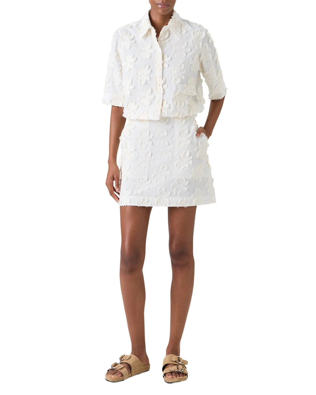 3D Flower Jacquard Elbow-Sleeve Button-Down Blouse 3D Flower Jacquard Elbow-Sleeve Button-Down Blouse