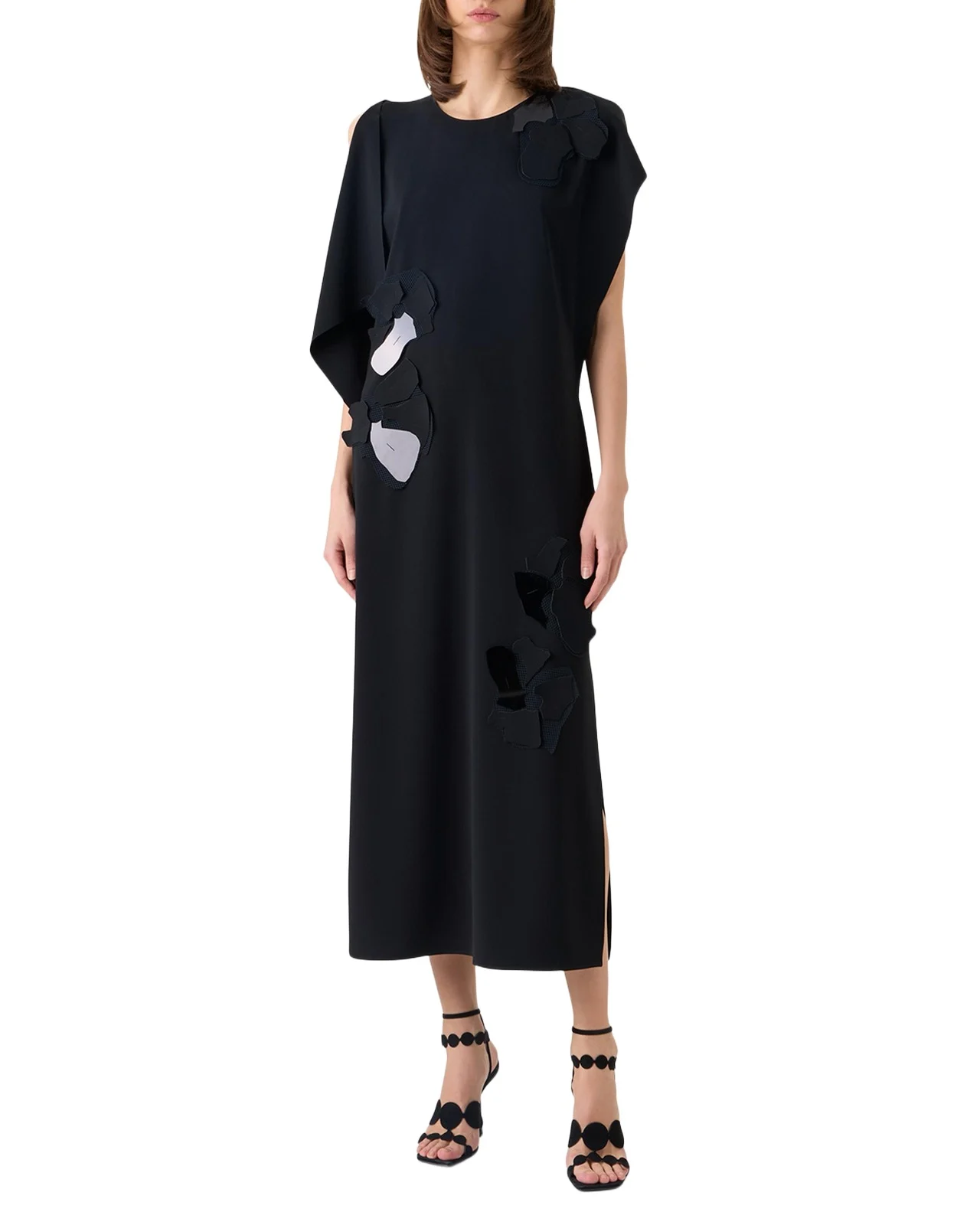 Sleeveless Asymmetric Draped Papercut Flower Crepe Midi Dress Sleeveless Asymmetric Draped Papercut Flower Crepe Midi Dress
