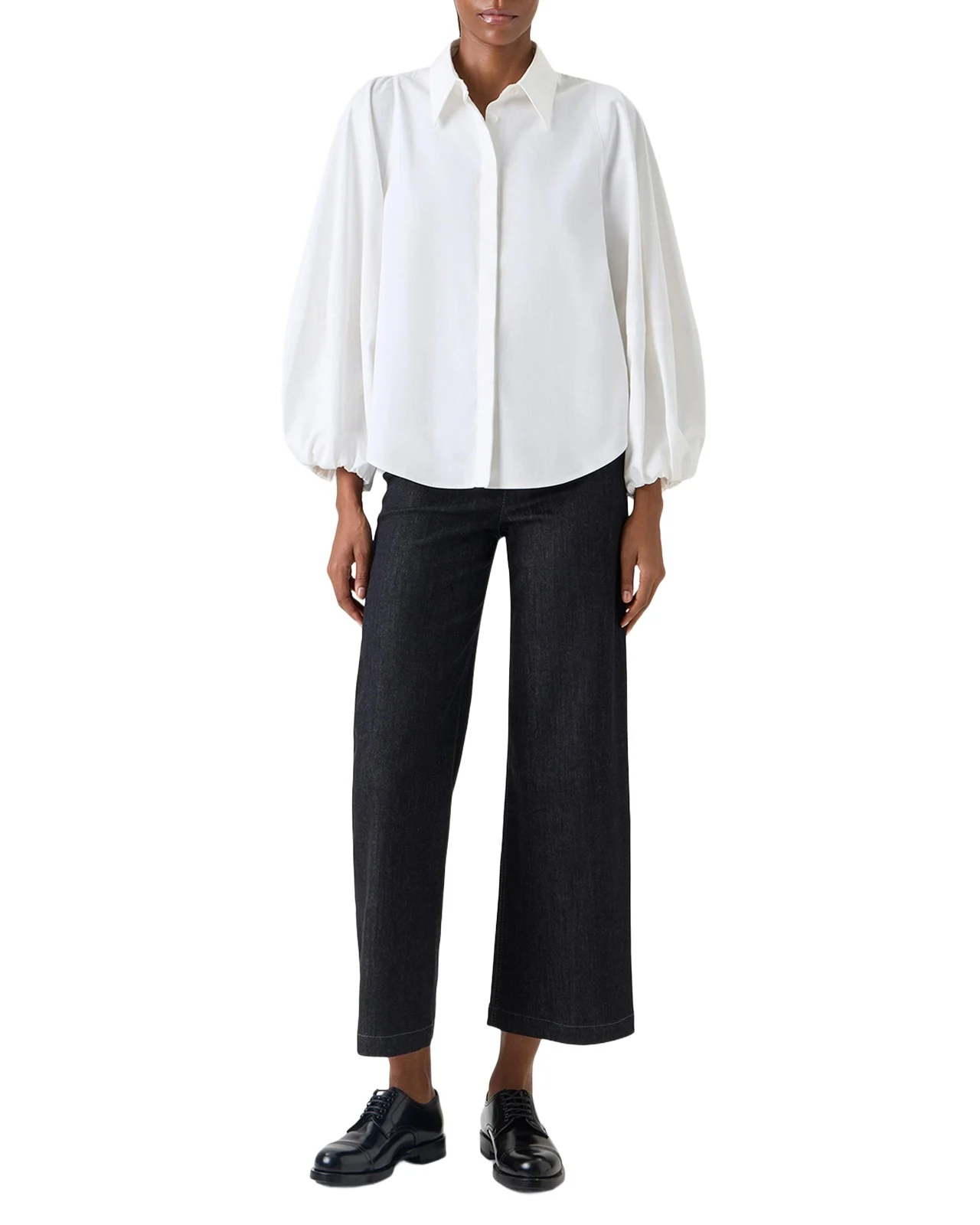 Balloon-Sleeve Cotton Satin Button-Down Shirt Blouse Balloon-Sleeve Cotton Satin Button-Down Shirt Blouse