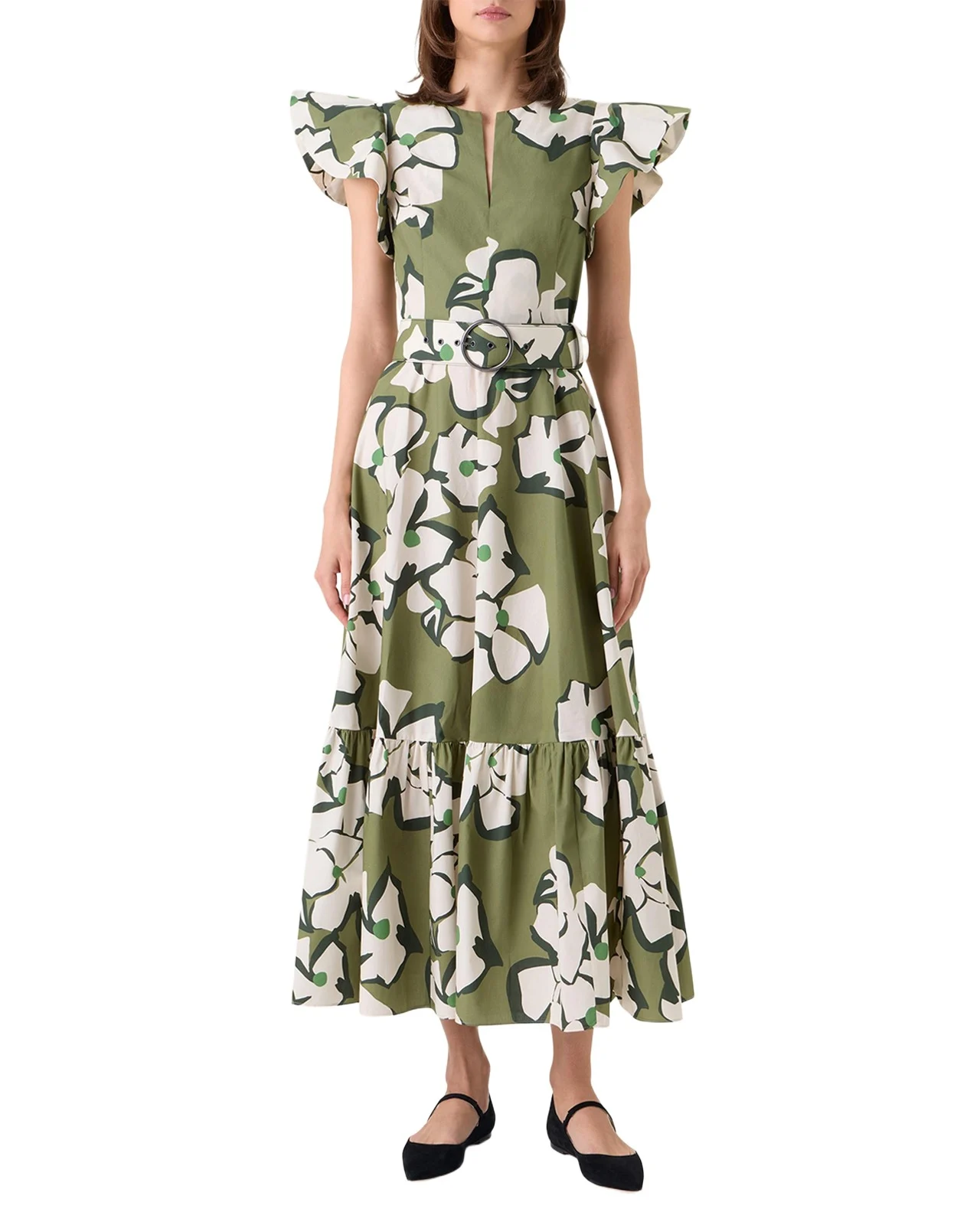 Papercut Flower Cotton Ruffle Belted Midi Dress