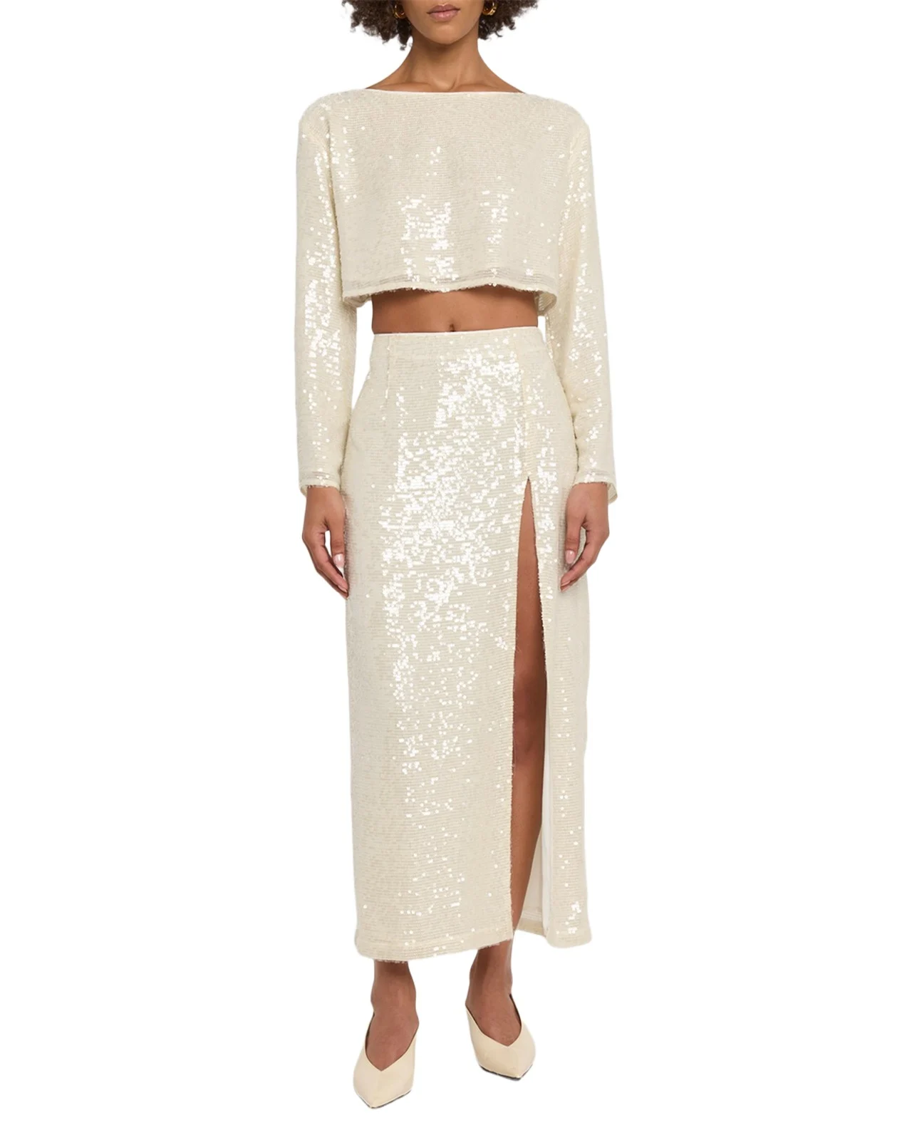 Sequined Long-Sleeve Boxy Crop Top