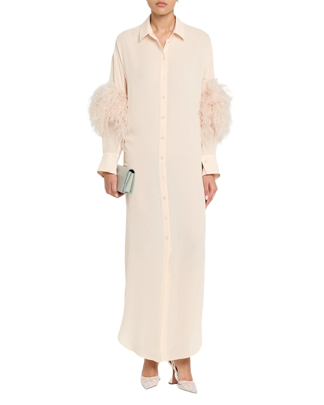 Feather-Trim Long-Sleeve Georgette Maxi Shirtdress Feather-Trim Long-Sleeve Georgette Maxi Shirtdress