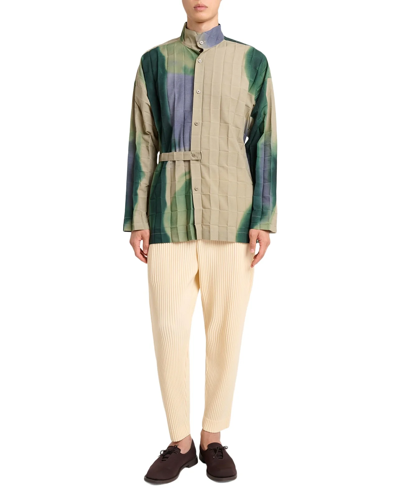 Men's Dawn Edge Pleated Self-Belt Button-Down Shirt Men's Dawn Edge Pleated Self-Belt Button-Down Shirt