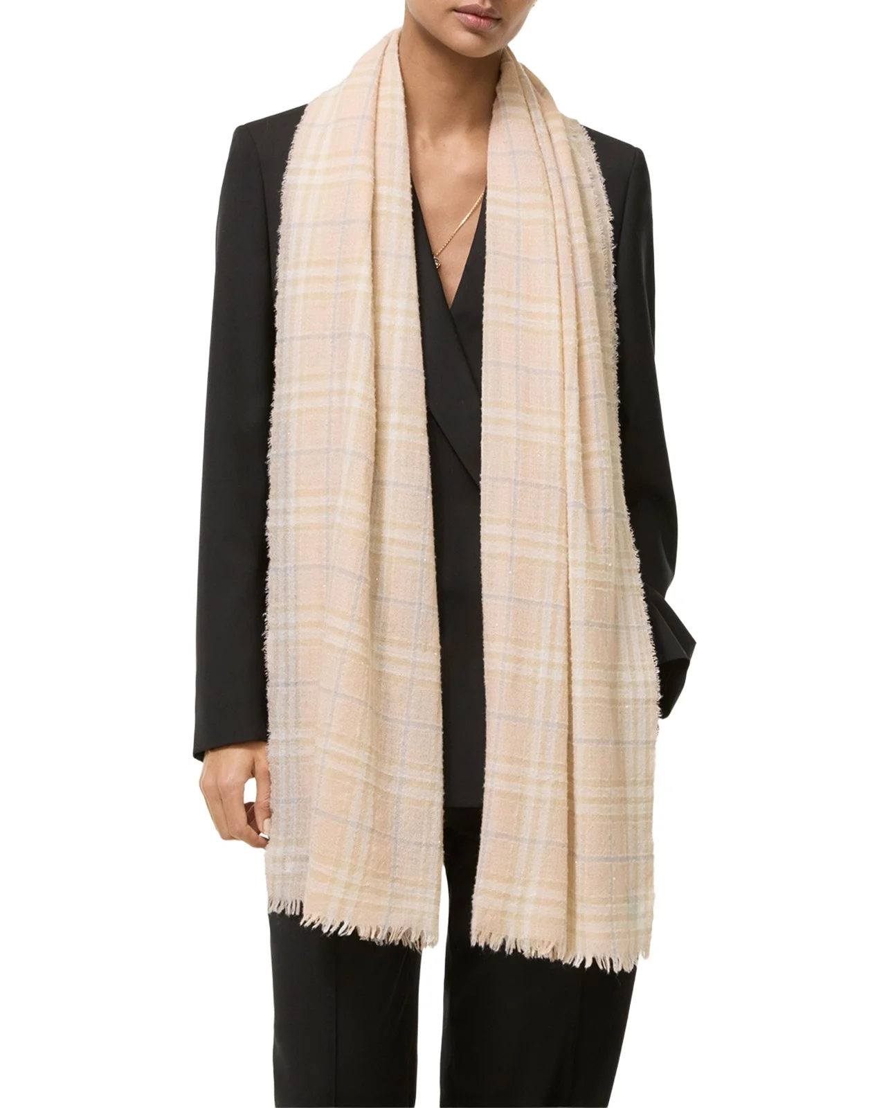 Sequined Check Wool Silk-Blend Scarf
