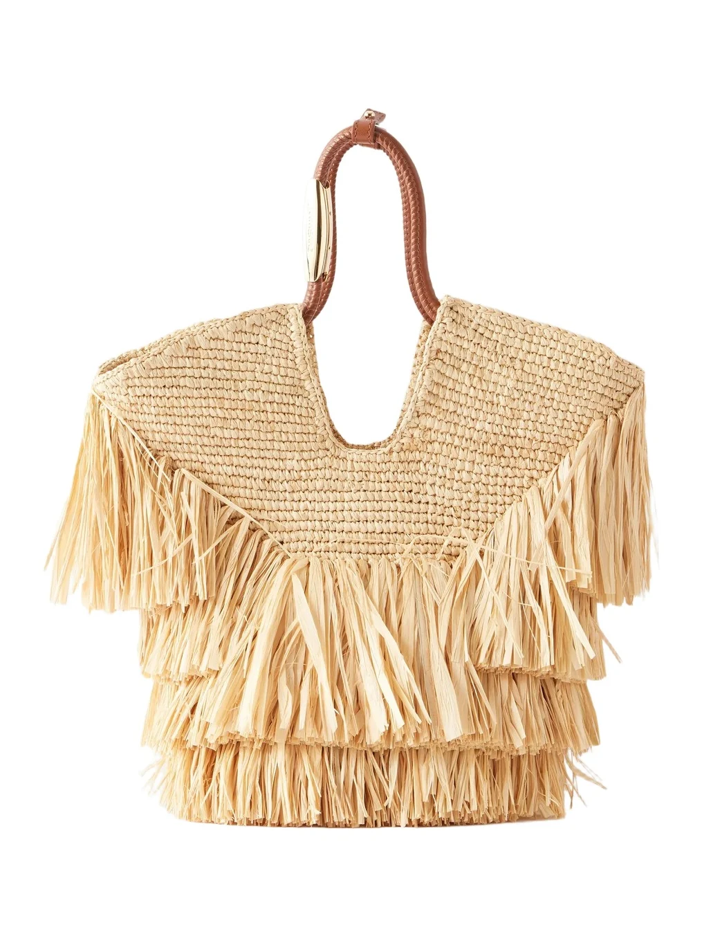 Goldentime Fringed Embellished Leather-trimmed Raffia Tote