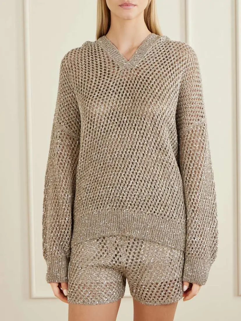 Brunello Cucinelli Sequined Crocheted Cotton Hoodie | Thumbnail 3 Brunello Cucinelli Sequined Crocheted Cotton Hoodie | Thumbnail 3