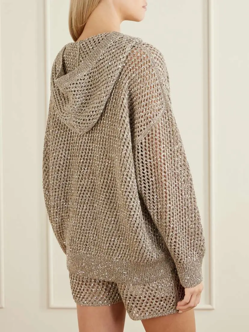 Brunello Cucinelli Sequined Crocheted Cotton Hoodie | Thumbnail 4 Brunello Cucinelli Sequined Crocheted Cotton Hoodie | Thumbnail 4