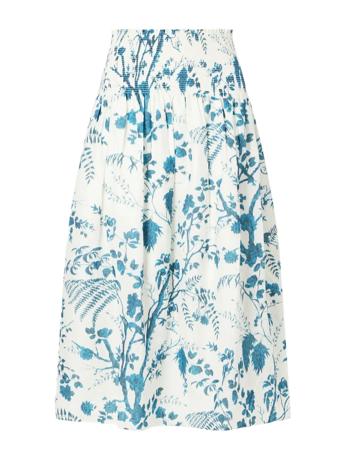 Shirred Floral-print Cotton And Linen-blend Midi Skirt