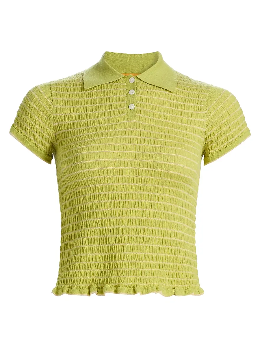 Guest In Residence Women's Smocked Cashmere Polo Top - Evoo Butter | Image 1 Guest In Residence Women's Smocked Cashmere Polo Top - Evoo Butter | Image 1