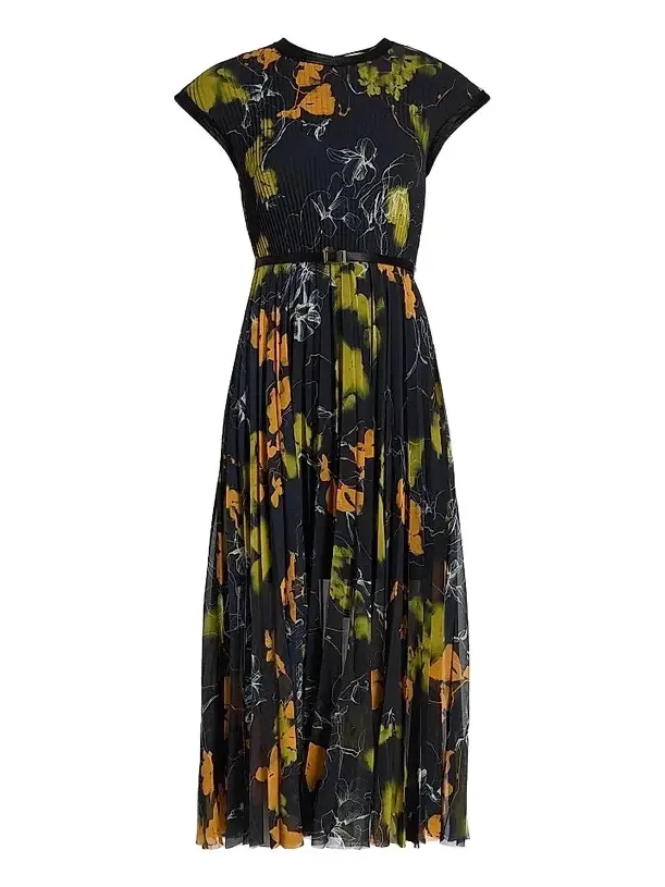 Women's Shadow Floral Crepe Chiffon Pleated Midi-Dress