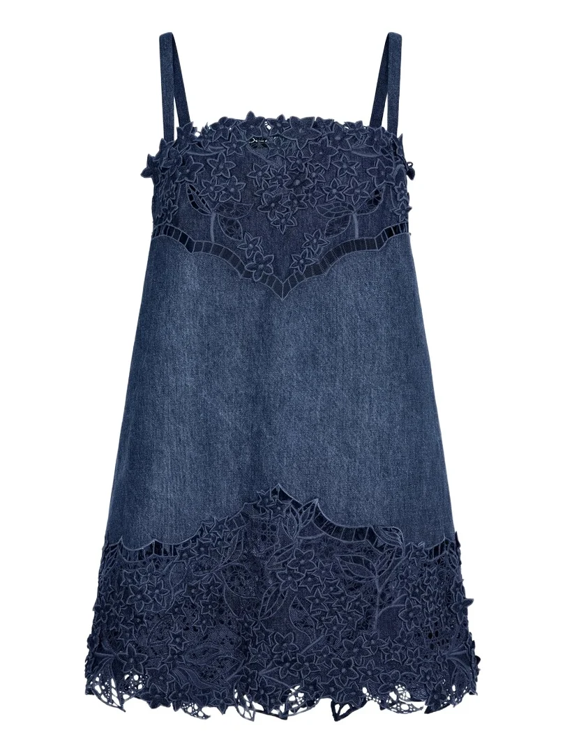 Oscar de la Renta Porcelain Flower Cutout Denim Dress