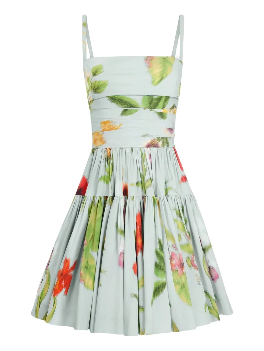 Oscar de la Renta Chiné Dominican Mixed-Floral Cotton Poplin Tiered Dress